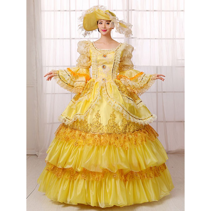 Women Victorian Dress Costume ’s Victorian Era Clothing Yellow Long Sleeves Ball Gown Dress Retro Costume Halloween ROCOCO