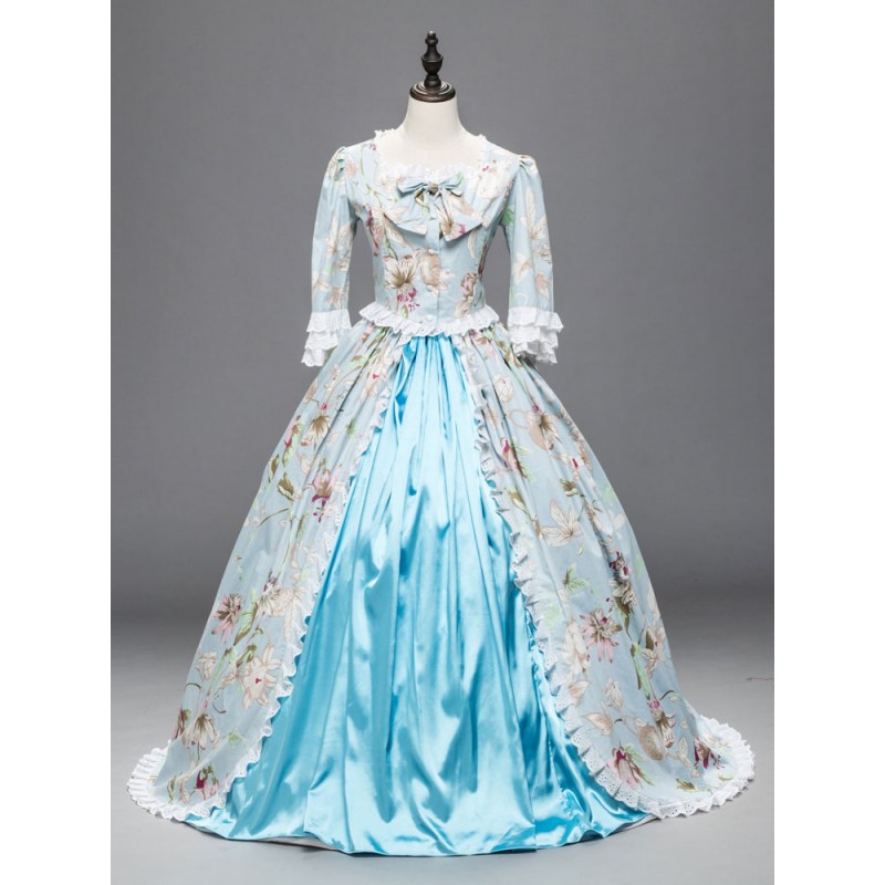 Women Victorian Dress Costume 's Rococo Halloween Costume Blue Lace Ruffles Floral Print Long Sleeves Party Dresses Halloween Sets ROCOCO