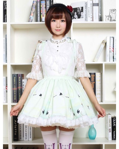 Lolita Dress In Light Green Printed Qi Lolita Suspender Skirt With White Lace Trim Sweet Summer Daily Casual