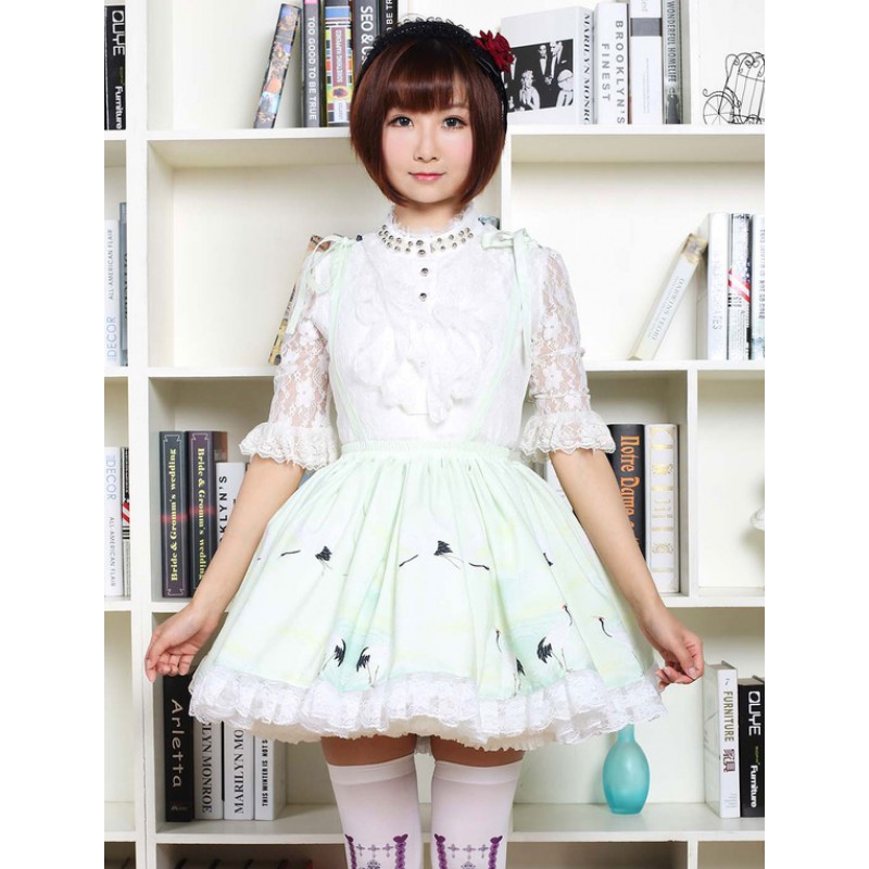 Lolita Dress In Light Green Printed Qi Lolita Suspender Skirt With White Lace Trim Sweet Summer Daily Casual