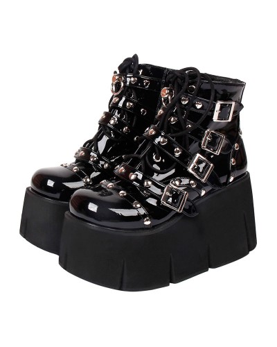 Lolita Boots PU Leather Round Toe Wedge Heel Black Lolita Footwear Gothic Harajuku Fashion