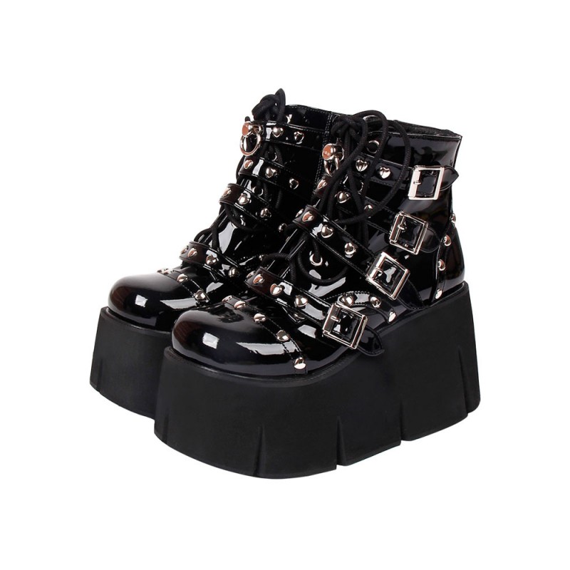 Lolita Boots PU Leather Round Toe Wedge Heel Black Lolita Footwear Gothic Harajuku Fashion