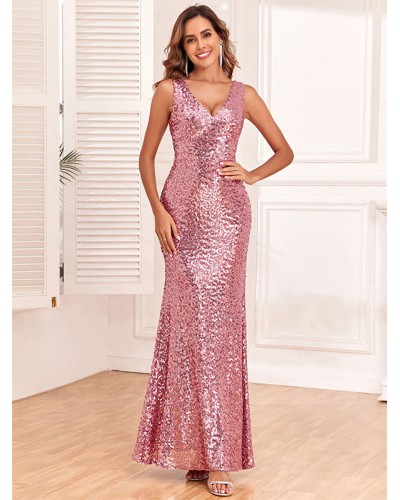 Dresses Sequined Lotus Pink V-Neck Sexy Trumpet Dress Maxi Party