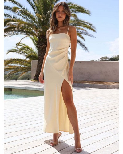 Dress Straps Neck Split Front High-slit Beige Long Beach Dress Summer Daily Casual Resort Wear