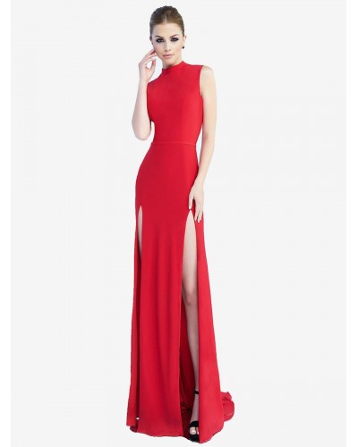 Dresses Red Jewel Neck Sleeveless High-slit Semi Formal Dress Sexy Elegant Chic  Modern Party Performance