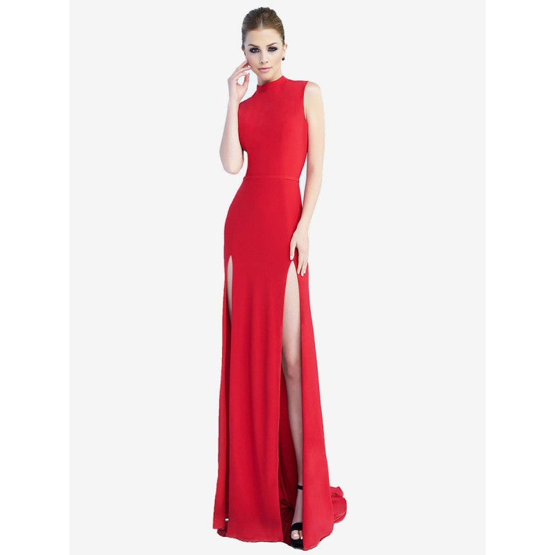 Dresses Red Jewel Neck Sleeveless High-slit Semi Formal Dress Sexy Elegant Chic  Modern Party Performance