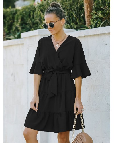 Skater Dresses V-Neck Black Casual Short Sleeves Fit And Flare Dress Classic  Traditional