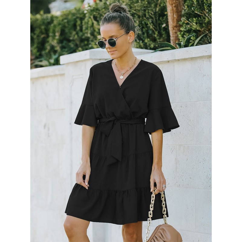 Skater Dresses V-Neck Black Casual Short Sleeves Fit And Flare Dress Classic  Traditional