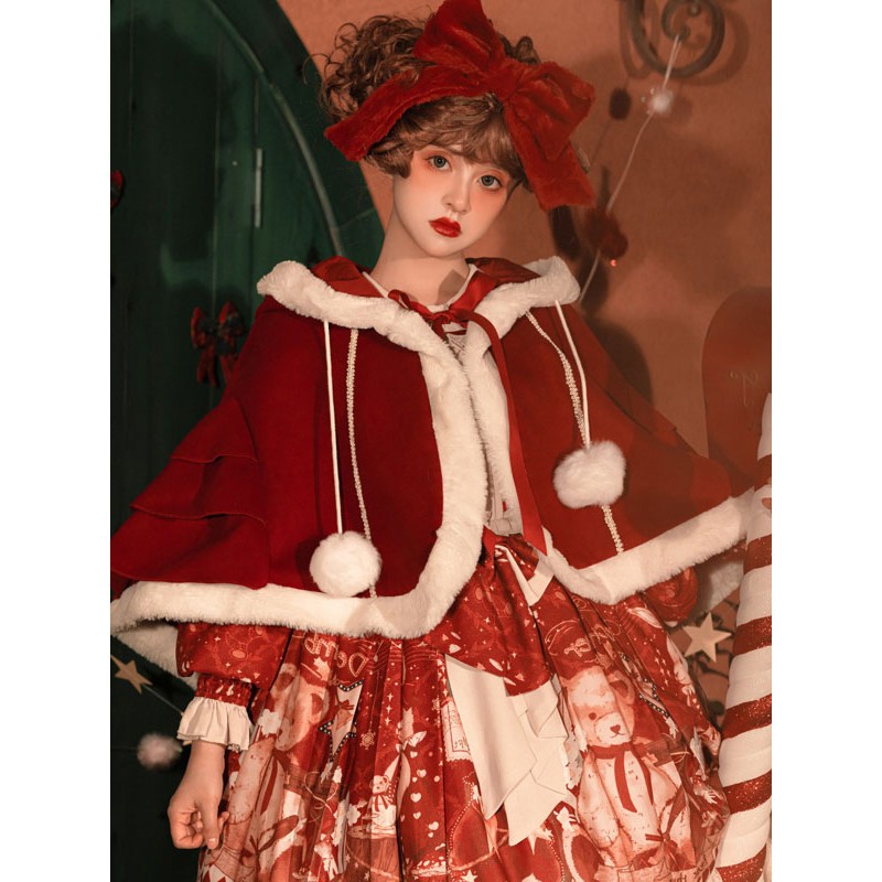 Burgundy Lolita Coats Poncho Pom Poms Color Block Cloak Polyester Sweet Lolita Outwears