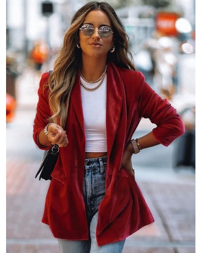 Velour Long Blazer Jacket For Women Red Solid Color Chic Oversized Spring Fall Relaxed Street Outerwear Casual