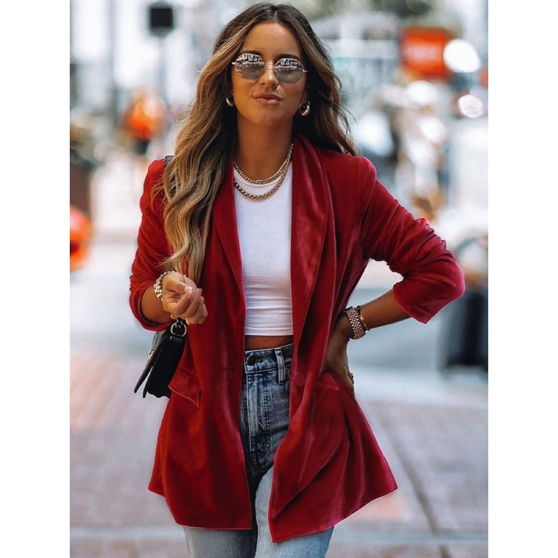 Velour Long Blazer Jacket For Women Red Solid Color Chic Oversized Spring Fall Relaxed Street Outerwear Casual