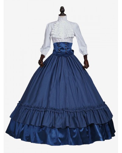 Women Blue Costumes Lace Polyester Plaid Top Marie Antoinette Costume 's Set Party Prom Dress Sets Royal Retro