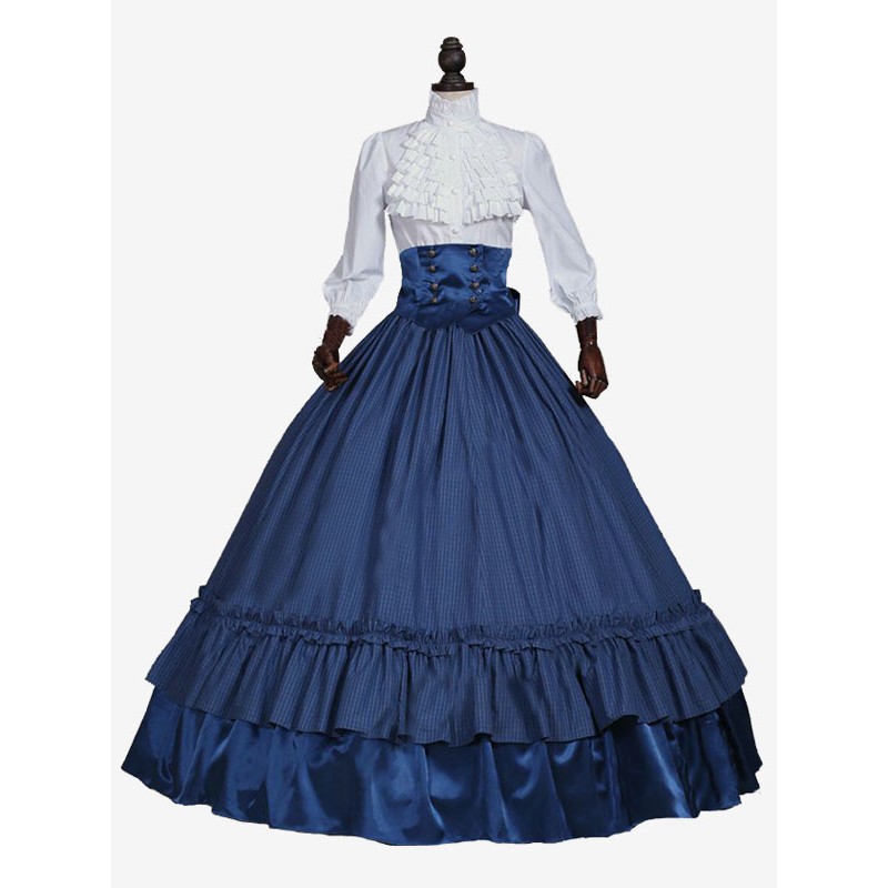 Women Blue Costumes Lace Polyester Plaid Top Marie Antoinette Costume 's Set Party Prom Dress Sets Royal Retro