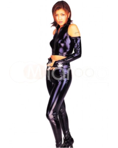 Halloween Black Catwoman Shiny Metallic Off-the-shoulder Top With Trousers Bodysuit