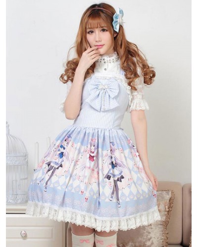 Classic Lolita JSK Dress Light Sky Blue Pearls Bows Lolita Jumper Skirts Daily Casual