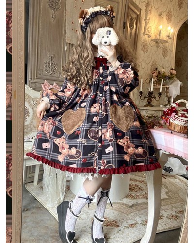 Sweet Lolita OP Dress Polyester Long Sleeves Ruffles Bows Bear Pattern Black Sweet Lolita Dress