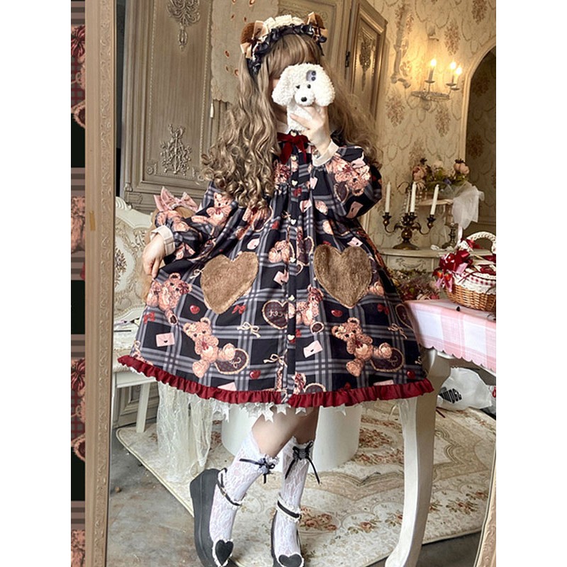 Sweet Lolita OP Dress Polyester Long Sleeves Ruffles Bows Bear Pattern Black Sweet Lolita Dress