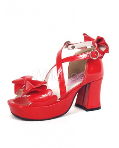 Red 3'' Chunky Heel Platform Bow Lolita Sandals