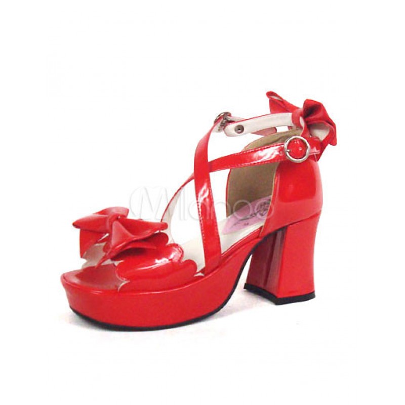 Red 3'' Chunky Heel Platform Bow Lolita Sandals