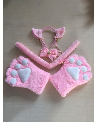 Sweet Lolita Pink Cats Ears Gloves Tail 3-Pieces Set Lolita Accessory Outfits Accessories Daily Casual