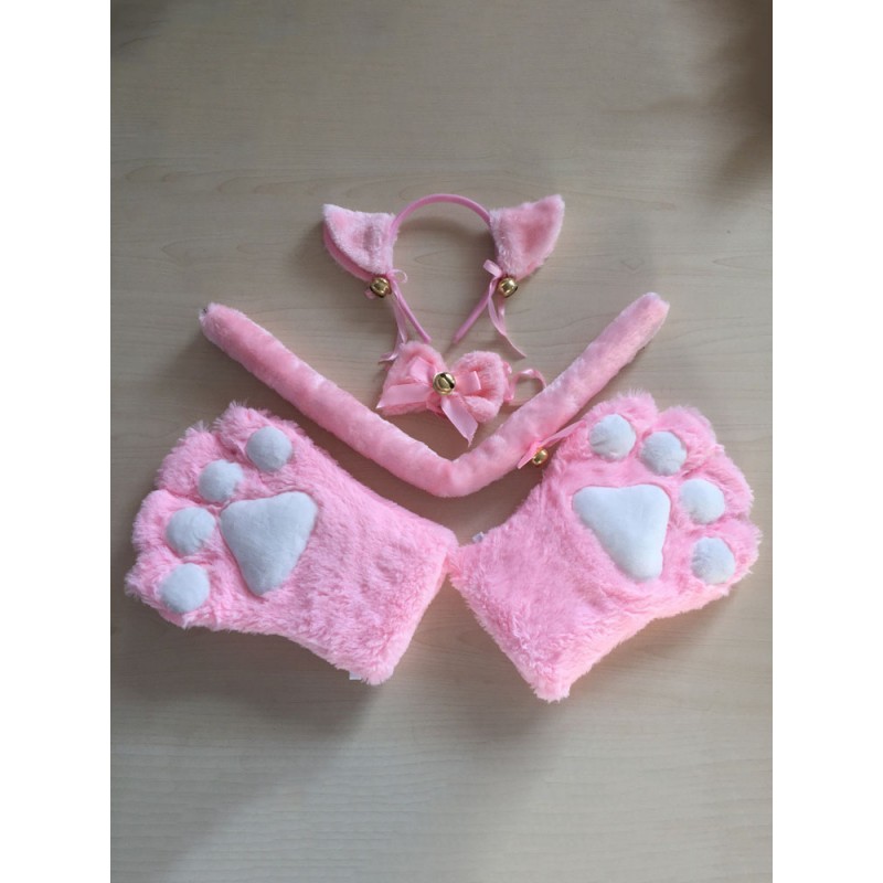 Sweet Lolita Pink Cats Ears Gloves Tail 3-Pieces Set Lolita Accessory Outfits Accessories Daily Casual