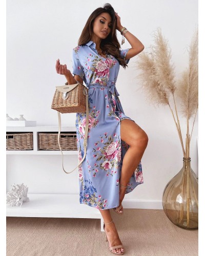 Women Dresses Short Sleeves Violet Floral Print Turndown Collar Split Front Lace Up Long Dress Maxi Spring Summer Fall