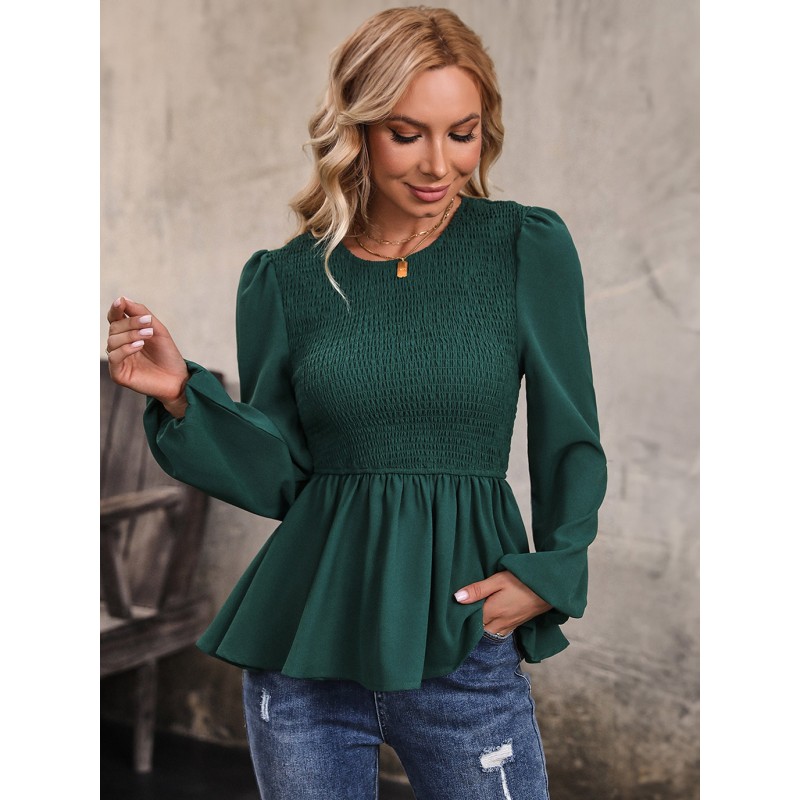 Women Shirt Dark Green Polyester Jewel Neck Pleated Long Sleeves Tops Elegant Daily Casual Office  Career