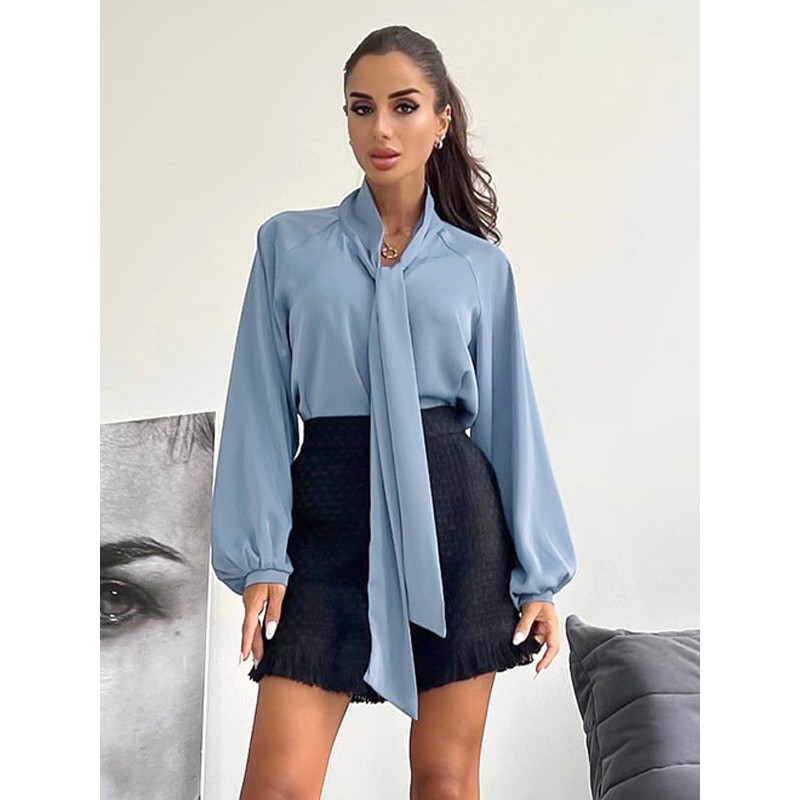 Women Blouse White Knotted V-Neck Long Sleeves Polyester Tops Chic  Modern Casual Street Wear Daily Casual Office  Career