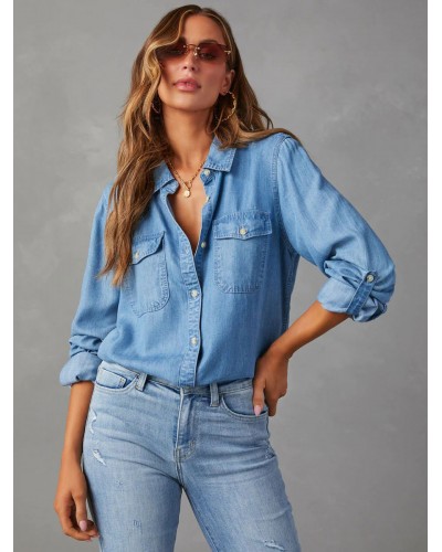 Women Denim Blouse Turndown Collar Flap Pockets Daily Tops Chic  Modern Casual Street Wear Daily Casual