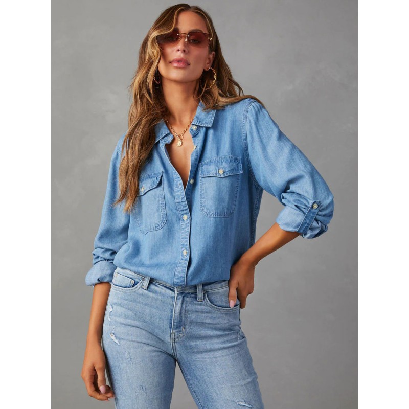 Women Denim Blouse Turndown Collar Flap Pockets Daily Tops Chic  Modern Casual Street Wear Daily Casual