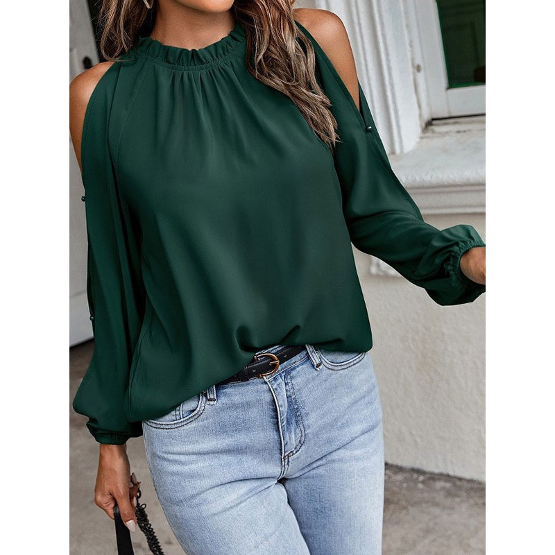 Women Shirt Red Jewel Neck Long Sleeves Tops Casual Spring Summer Fall