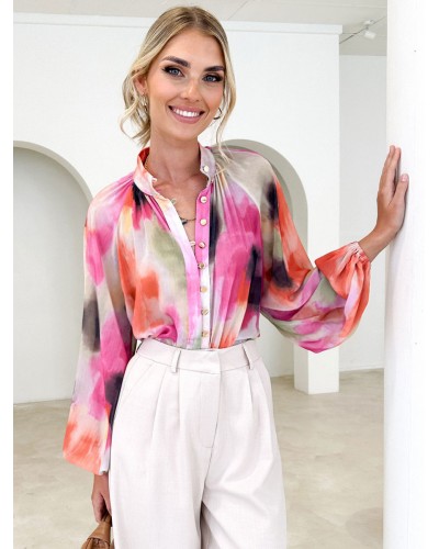 Women Floral Shirt V-Neck Stand Collar Long Sleeves Tops Casual Street Wear Daily Casual