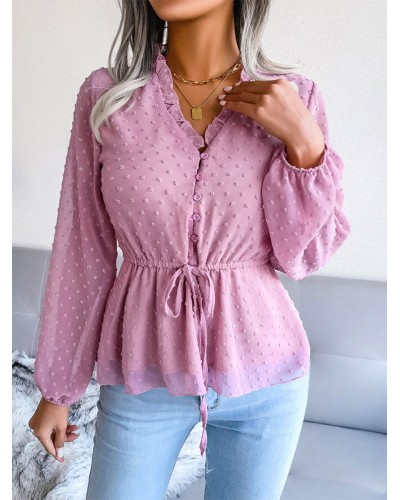 Blouse For Women Pink Lace Up V-Neck Long Sleeves Chiffon Tops Sexy Retro