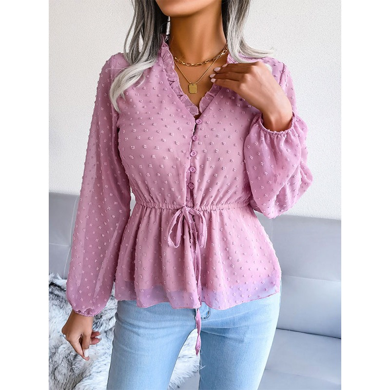 Blouse For Women Pink Lace Up V-Neck Long Sleeves Chiffon Tops Sexy Retro