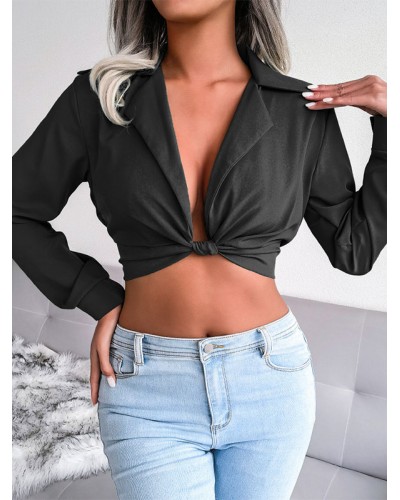 Shirt For Women Black Turndown Collar Knotted Long Sleeves Tops Sexy Street Wear Night Out Dating