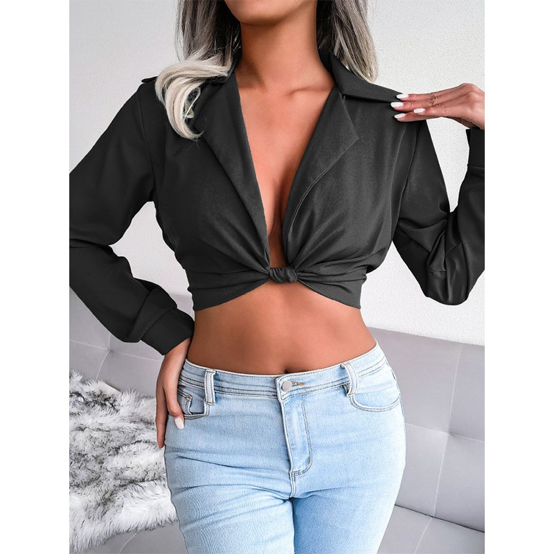 Shirt For Women Black Turndown Collar Knotted Long Sleeves Tops Sexy Street Wear Night Out Dating