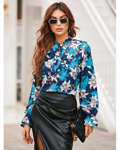 Women Blouse Blue Jewel Neck Printed Long Sleeves Tops Sexy Casual Spring Fall