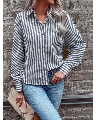 Women Blouse Gray Stripes Turndown Collar Long Sleeves Tops Casual Spring Fall