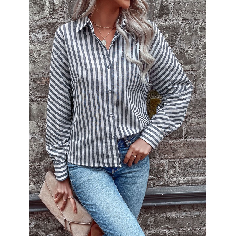 Women Blouse Gray Stripes Turndown Collar Long Sleeves Tops Casual Spring Fall