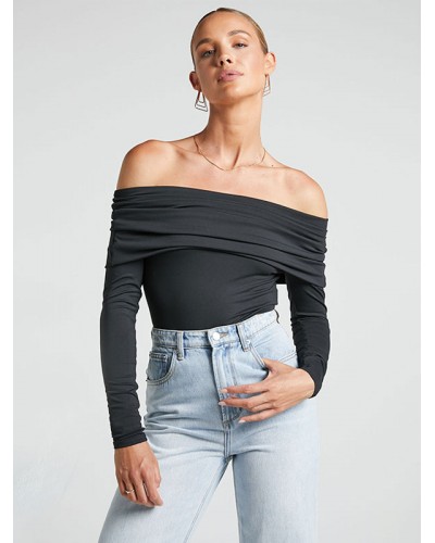 Women Bodysuit Folded Off Shoulder Long Sleeve Blackless Top Chic  Modern Casual Street Wear Daily Casual