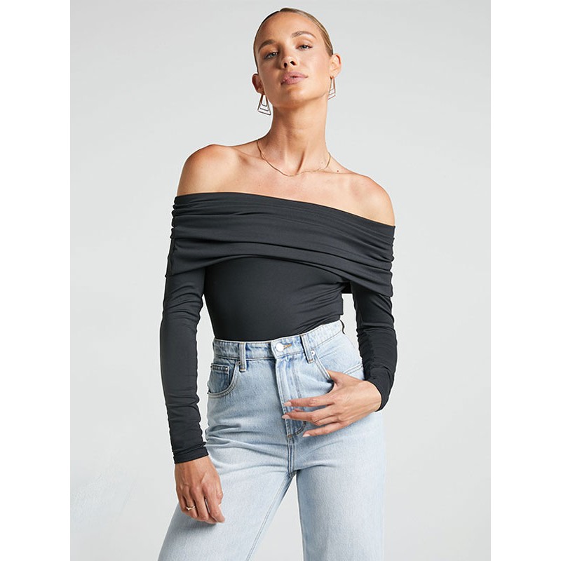 Women Bodysuit Folded Off Shoulder Long Sleeve Blackless Top Chic  Modern Casual Street Wear Daily Casual