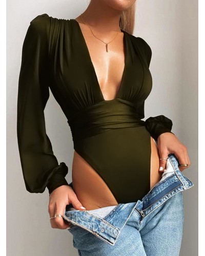 Women Long Sleeves Bodysuit Black V-Neck Pleated Stretch Top Sexy Spring Summer Fall