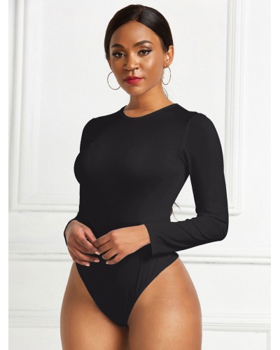 Women Bodysuit Black Long Sleeves Jewel Neck Top Sexy Casual Summer