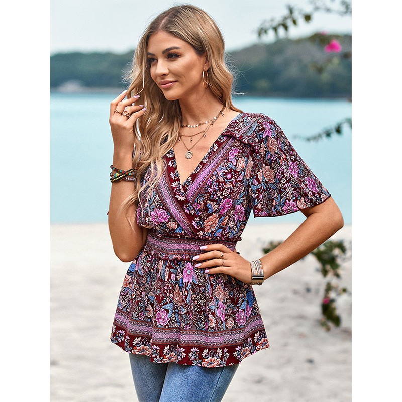 Short Sleeves Tees Burgundy Printed Pleated V-Neck Women Tee Chic  Modern Casual Bohemian Street Wear Beach Resort Wear