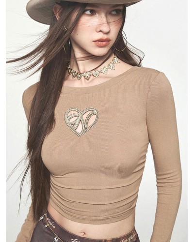 Long Sleeves Tees Backless Heart Cut Out Jewel Neck Shirt For Women Chic  Modern Casual Spring Fall