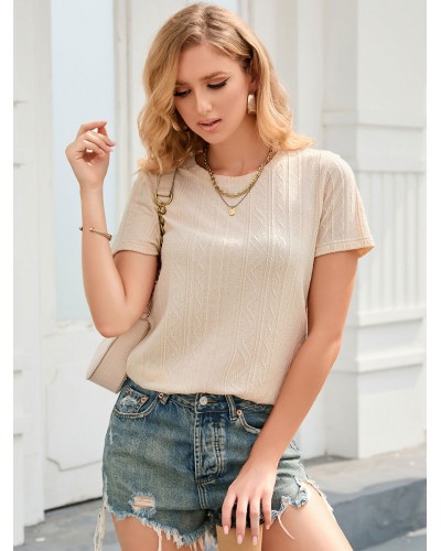 Short Sleeves Tees Ecru White Backless Jewel Neck Women Tee Casual Street Wear Daily Casual