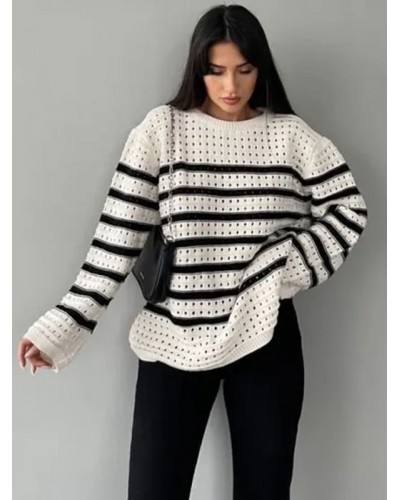 Women Pullover Jewel Neck Long Sleeves Stripped Hollow Sweaters Chic  Modern Casual Street Wear Daily Casual