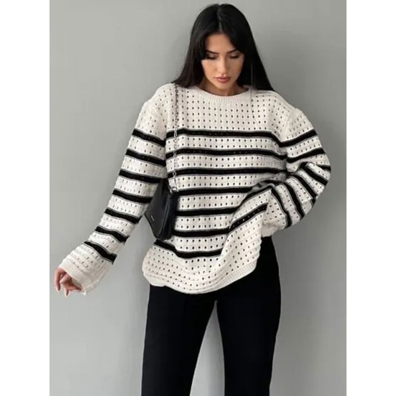 Women Pullover Jewel Neck Long Sleeves Stripped Hollow Sweaters Chic  Modern Casual Street Wear Daily Casual