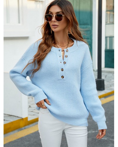 Women Pullover Sweater Buttons Jewel Neck Long Sleeves Sweaters Casual Spring Fall Winter