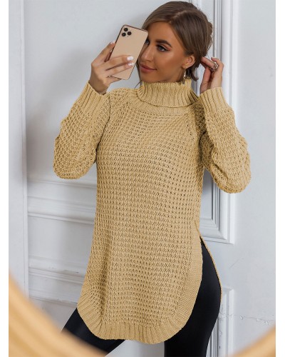 Women Pullover Sweater Light Gray High Collar Long Sleeves Cotton Sweaters Casual Fall Winter